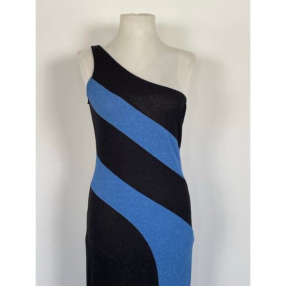 Vintage Water Signs Blue Black One Shoulder Sparkly Formal Maxi Dress Gown M - Picture 4 of 16